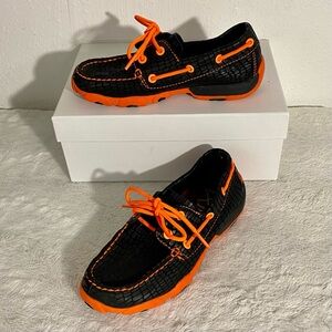 Twisted X Leather Moc Boat Shoes Youth Size 4 (Big Kid) Black Snake Print Orange